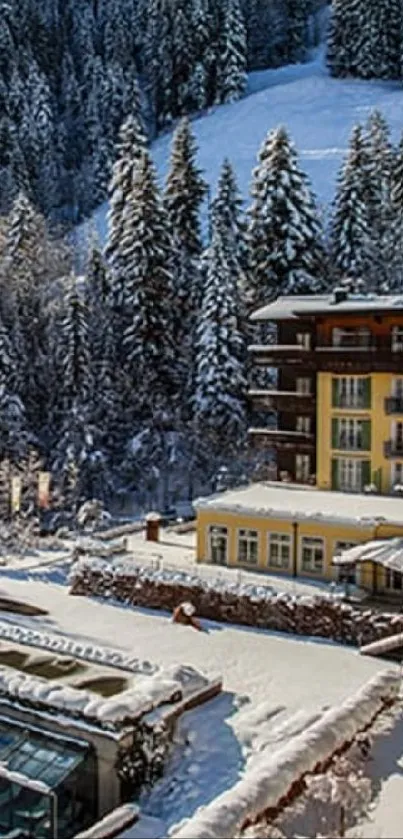 Snowy Swiss resort with outdoor pool and mountain view.