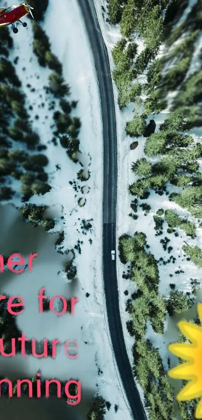 Aerial view of winter road through snow-laden green forest, inspiring new beginnings.