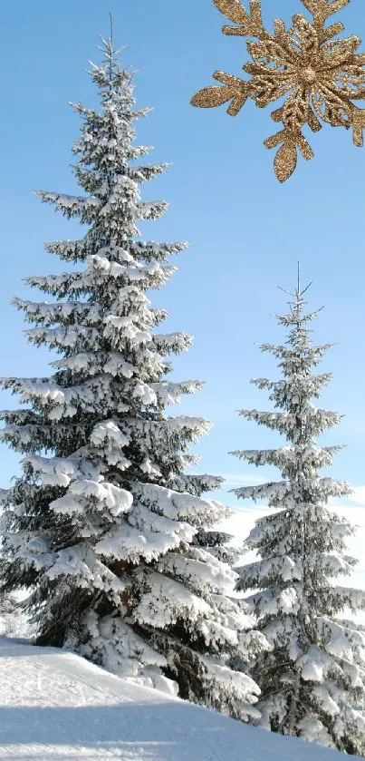 Snowy pine forest with a golden snowflake in a blue sky.