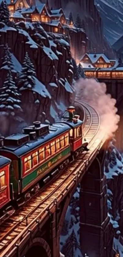 A vintage train travels through snowy mountains under a starry night sky.