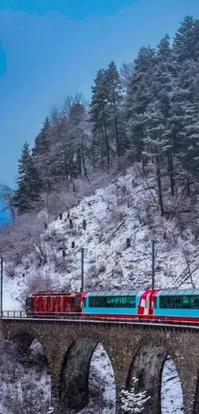 Winter train crossing snowy bridge with sky blue backdrop.