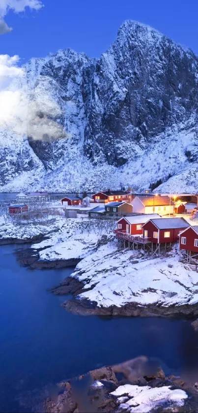 Majestic mountains and snow village at dusk wallpaper.