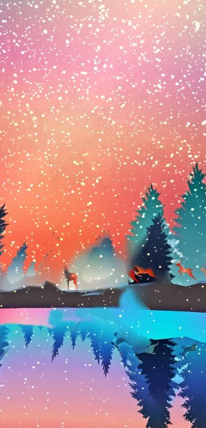 Colorful winter forest with snow and deer under a vibrant sky.