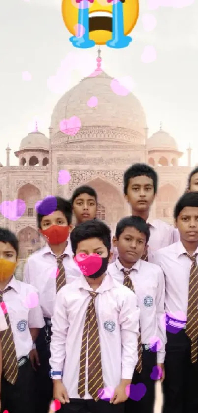 School group visits Taj Mahal with emoji in background.
