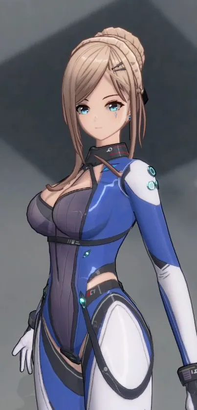 Anime character in futuristic blue suit.