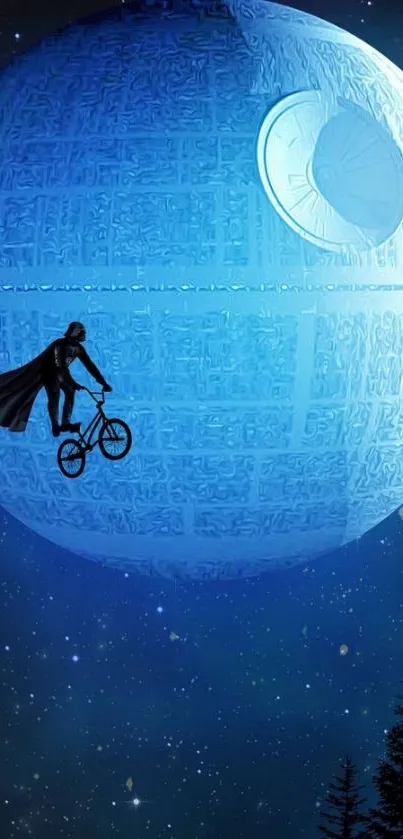 Mysterious figure biking by a large space structure in a starry sky.