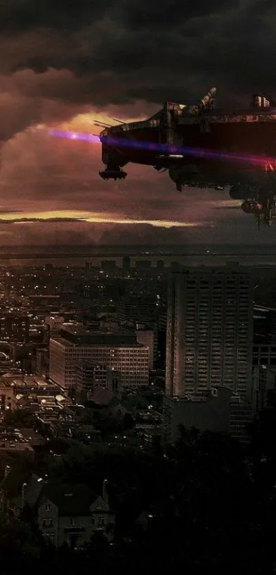 Futuristic spacecraft over a darkened cityscape.