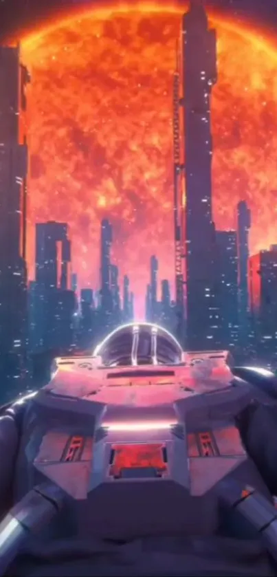 Astronaut views futuristic city against fiery orange sky.