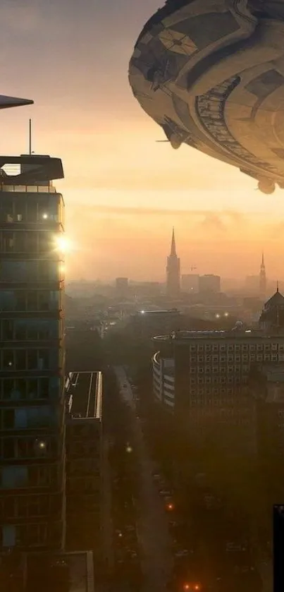 Futuristic cityscape with a spaceship at sunset.