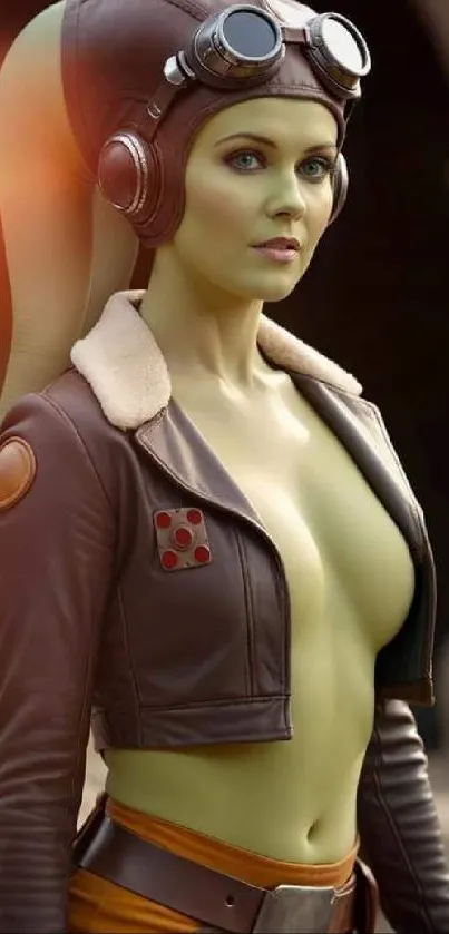 Futuristic cosplay character with olive green theme on mobile wallpaper.