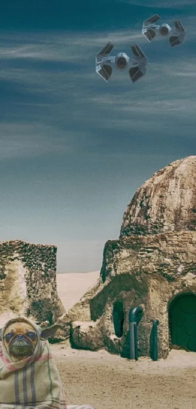 Futuristic desert landscape with spacecraft and ancient structures.