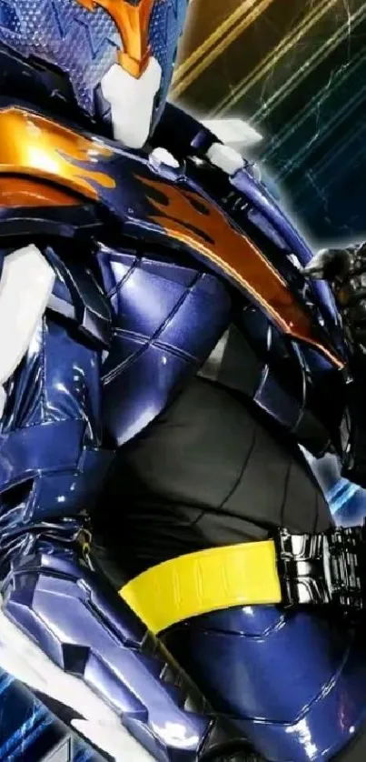 Futuristic sci-fi battle armor in blue and orange hues.