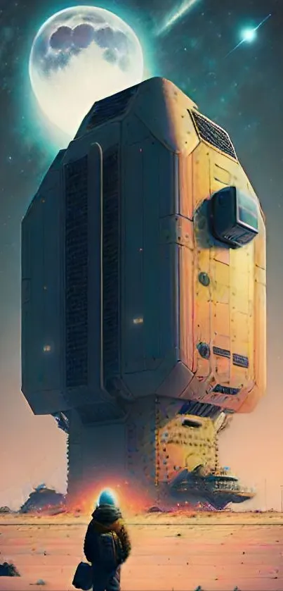 Futuristic structure under a cosmic sky with a traveler gazing at a glowing moon.