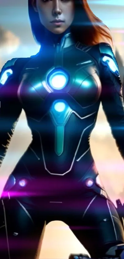 Illustration of a futuristic warrior in armor with neon lights and a cloudy sky backdrop.