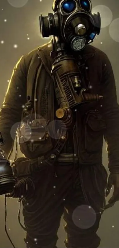 Sci-fi soldier with gas mask, holding a lantern, in moody, dark brown tones.