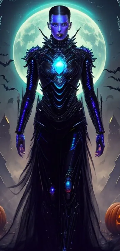 Sci-fi witch with glowing elements against a moonlit Halloween backdrop.