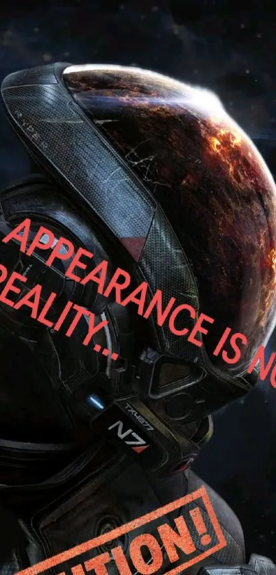 Sci-fi helmet with cosmic background and red text.