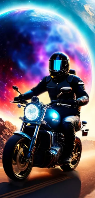 Futuristic motorcycle on cosmic road with vibrant, colorful space backdrop.