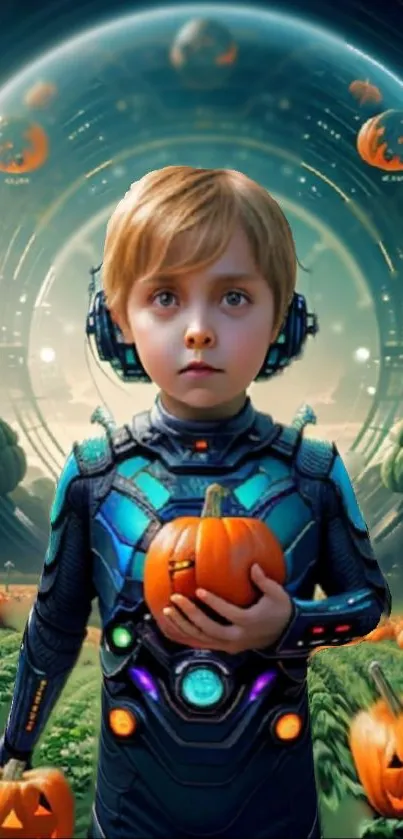 Child in a futuristic suit holding a pumpkin in a sci-fi landscape with pumpkins.