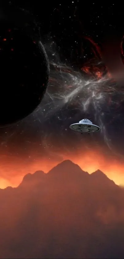 Spaceship with planets in cosmic space with glowing horizon.