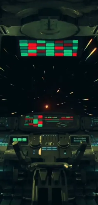 Futuristic spaceship cockpit with glowing controls and starry space view.