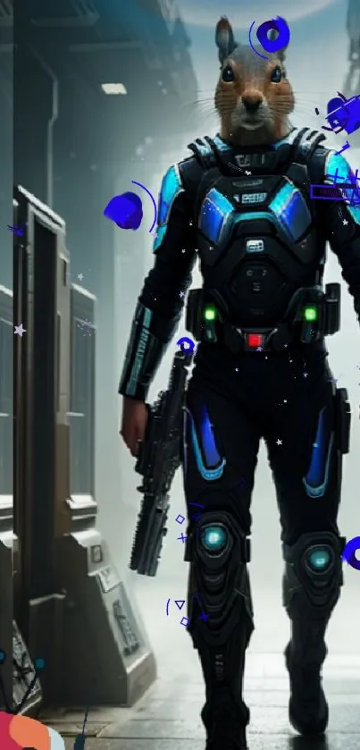 Squirrel warrior in futuristic armor.