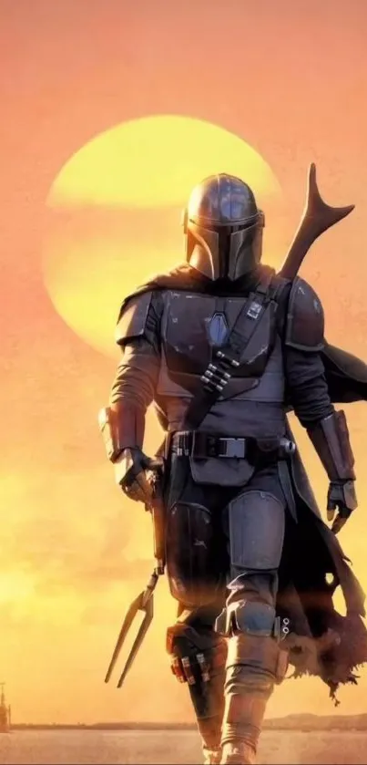 Sci-fi warrior in armor walking towards sunset, vivid orange sky.