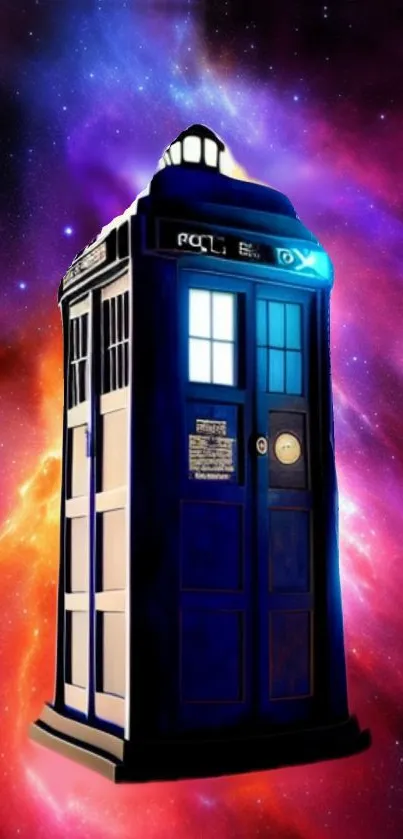 TARDIS against a vibrant galaxy backdrop, perfect for Doctor Who fans.