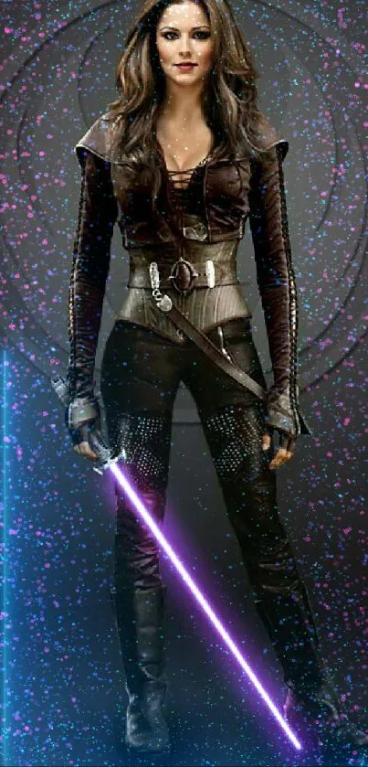 Female sci-fi warrior with purple lightsaber on black background.