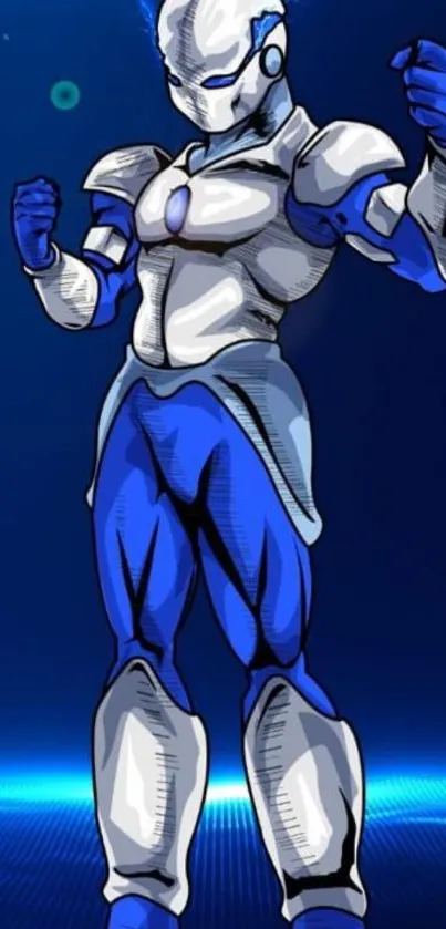 Futuristic sci-fi warrior in blue armor posing boldly.