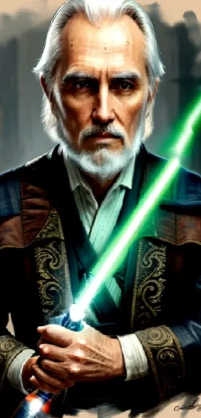 Sci-fi warrior holding a green lightsaber.