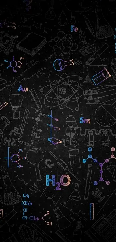 Dark science wallpaper with colorful elements and formulas.