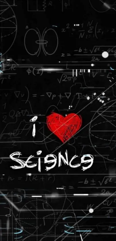 Abstract wallpaper with science formulas and a red heart on black background.