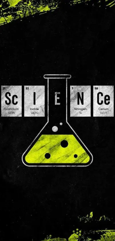 Science-themed wallpaper with elements and a neon green beaker design.