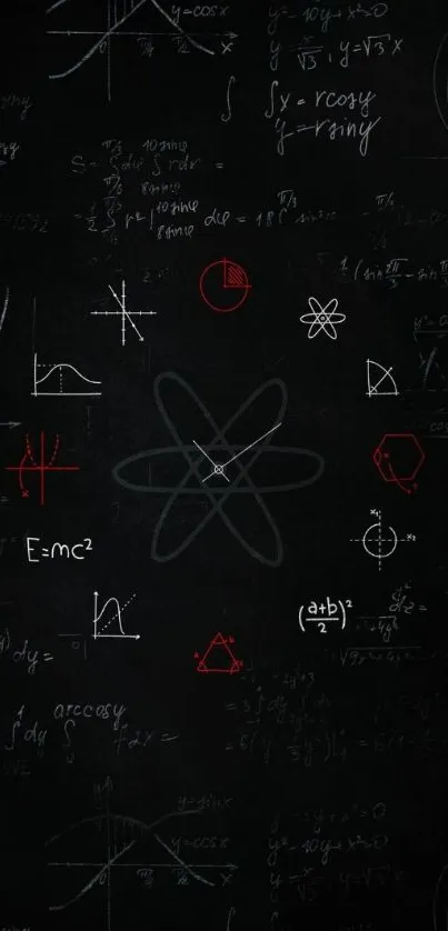 Mobile wallpaper with math and science formulas on a black background.