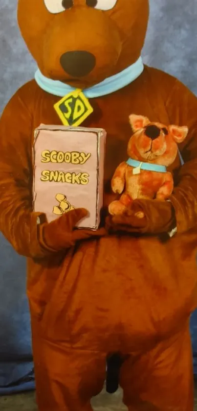 Scooby Doo mascot with plush toy and snacks.