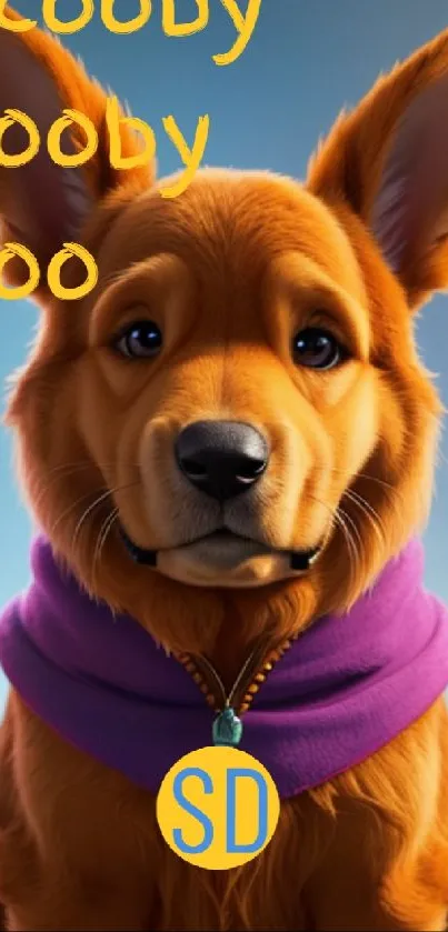 Adorable Scooby Doo puppy with a purple collar on a blue background.