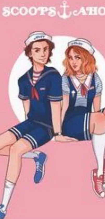 Cartoon duo in sailor outfits with pink background.