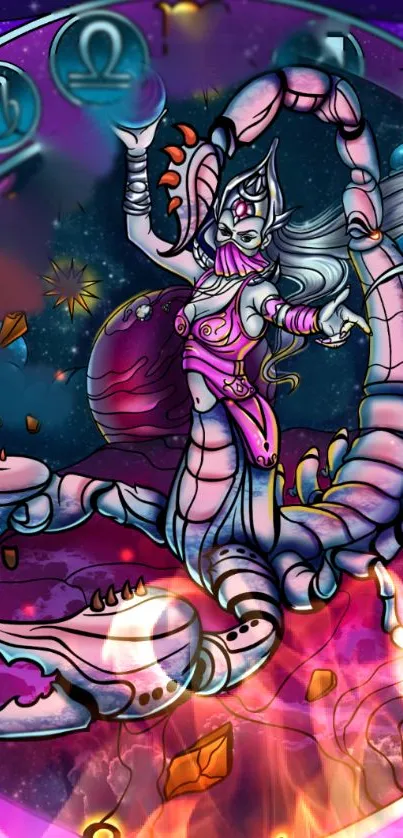 Fantasy Scorpio character with cosmic elements in vibrant colors.