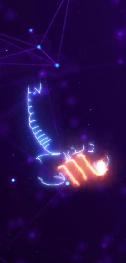 Neon Scorpio zodiac sign in cosmic purple background.