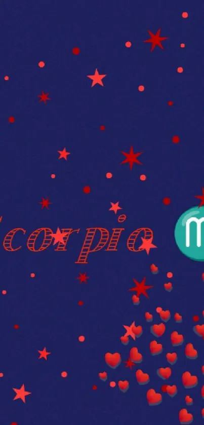 Scorpio zodiac wallpaper with stars and hearts on a blue background.