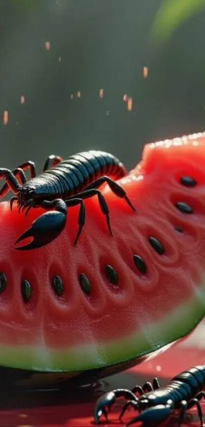 Scorpions crawling on a watermelon slice.