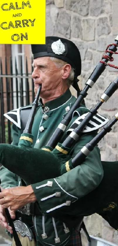 Scottish bagpiper playing with inspiring 'Keep Calm and Carry On' text.