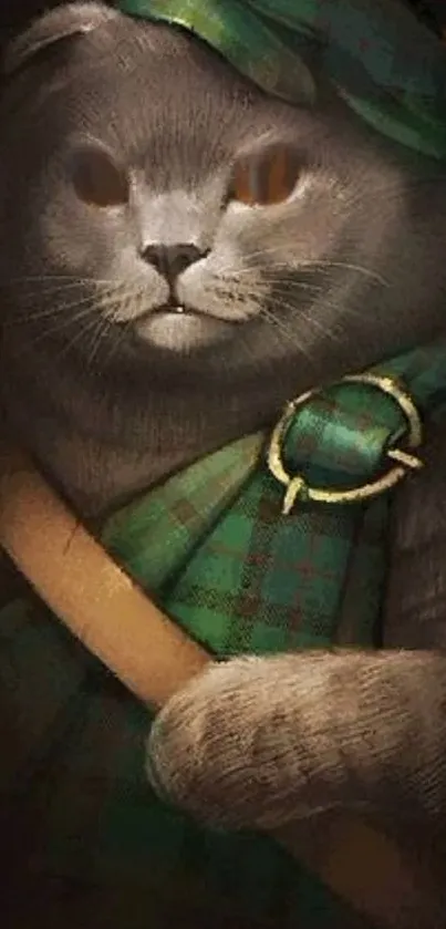 Scottish cat warrior in tartan attire, dark green hues.