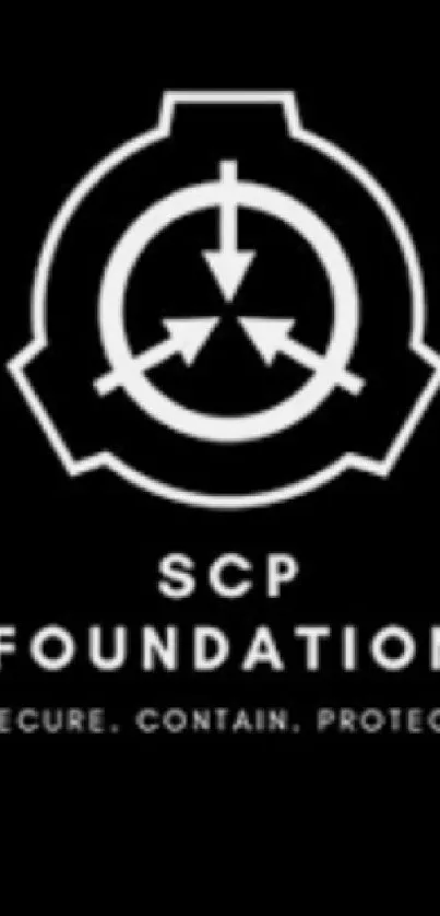 SCP Foundation logo on black background mobile wallpaper.