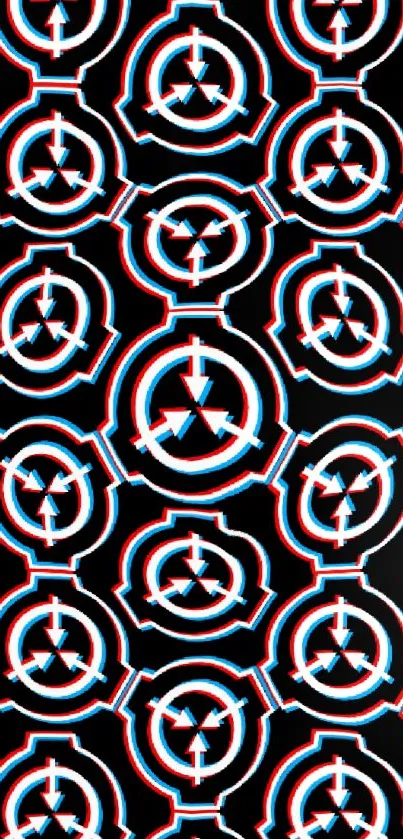 SCP logo pattern wallpaper in black, red, and blue hues.