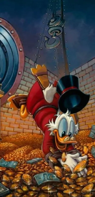 Scrooge McDuck diving into a vault of gold coins and riches.