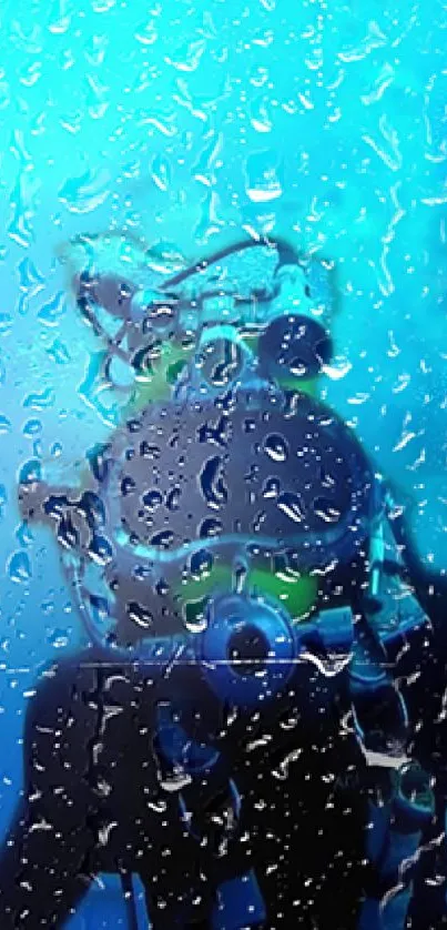 Scuba diver surrounded by blue ocean and water droplets.