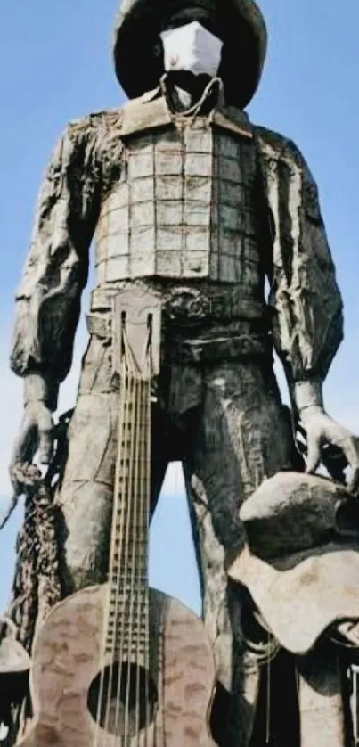 Rustic cowboy sculpture with guitar on blue sky background.