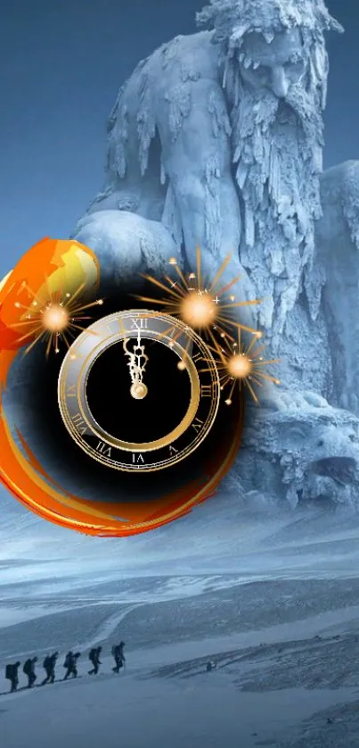 Giant ice sculpture with an orange clock on a phone wallpaper.